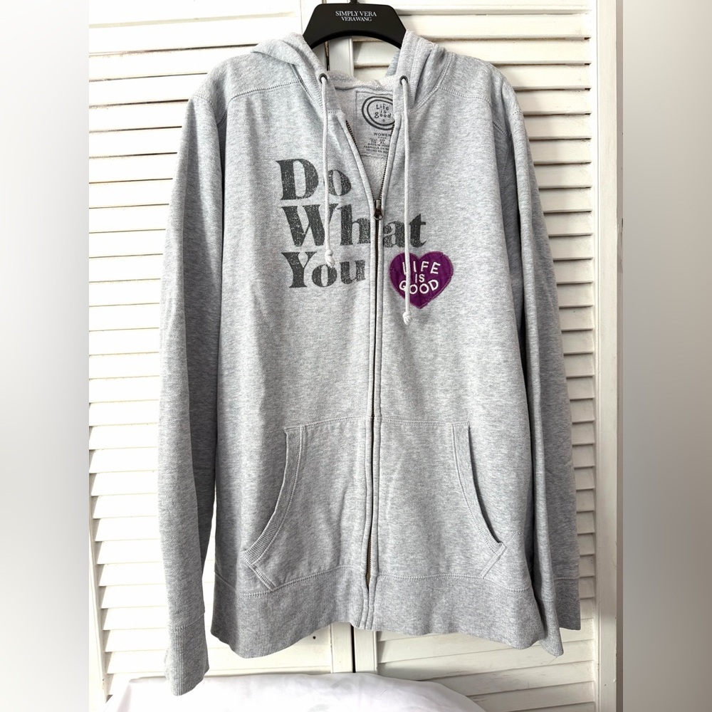 LIFE IS GOOD “Do What you Love”patch Heather Gray Zip-Up Hoodie Jacket w pockets - Picture 2 of 12